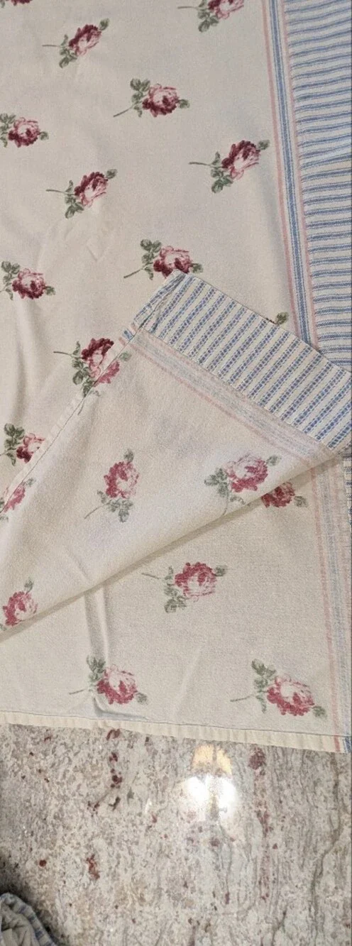 Vintage Flannel Flat Sheet & 2 Pillowcases Red Roses Ivory Shabby Chic JCP 3 Pcs